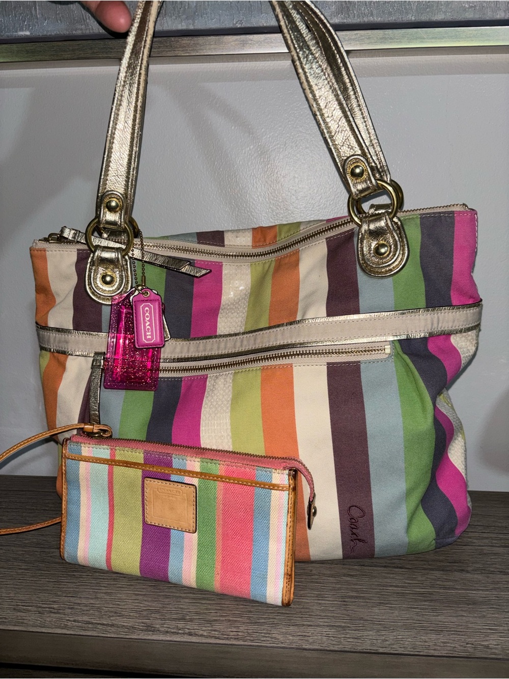 Coach Poppy Multicolor Striped Tote with Gold Handles and Matching Wristlet